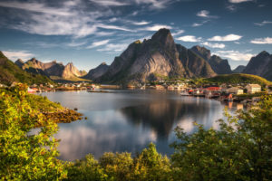 Norway, Lofoten, Reine fishing village, mountains and sea in summer Norway, Lofoten, Reine fishing village, mountains and sea in summer